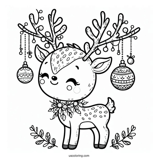 Cute Reindeer With Christmas Ornaments Hanging From Antlers