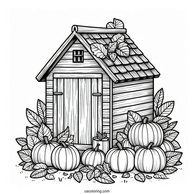 Wooden Shed Covered In Leaves And Filled With Pumpkin Coloring Page