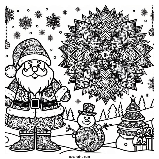 Santa Claus With Snowman And Christmas Mandala Coloring Page