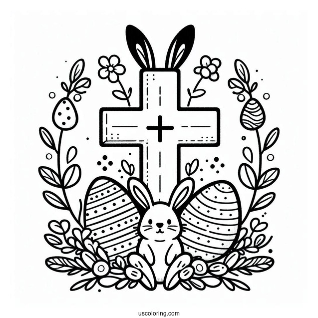 Easter Cross Coloring Page With Bunny Ears And Eggs For Preschoolers