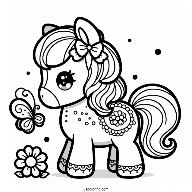 Cute Kawaii Horse With Butterfly To Color
