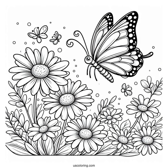 Cartoon Butterfly Hovering Above Daisies In Spring Coloring Page