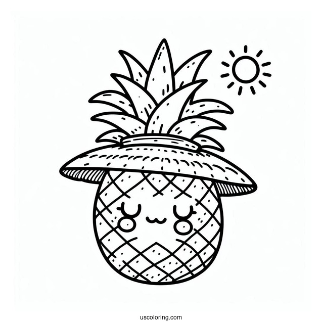 Tropical Pineapple Coloring Page Wearing a Sun Hat For Kids