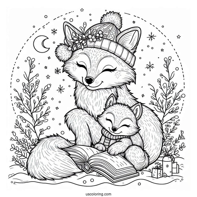 Mama Fox Coloring Page Reading To Baby Fox In Winter Christmas