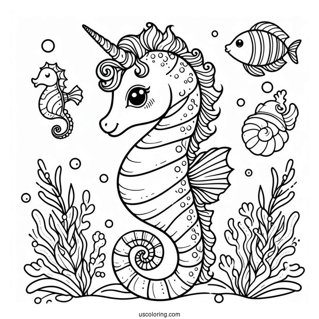 Adorable Unicorn Seahorse To Color