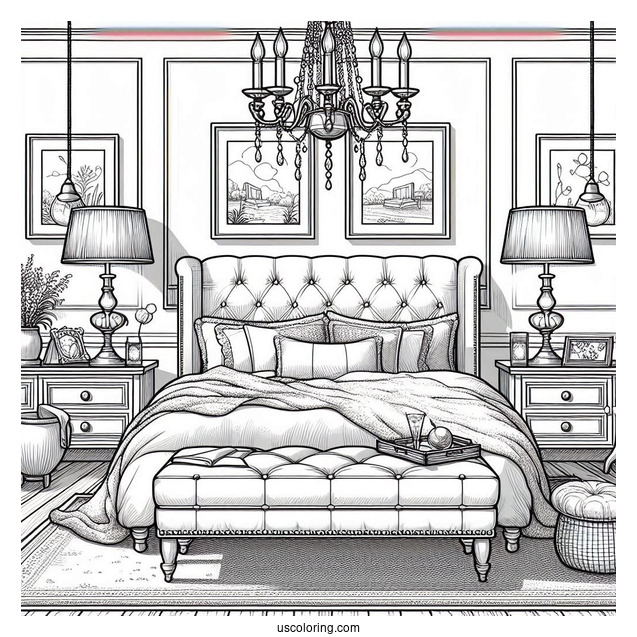 Classy Bedroom Coloring Page With Ottoman, Paintings, And Hanging Lights