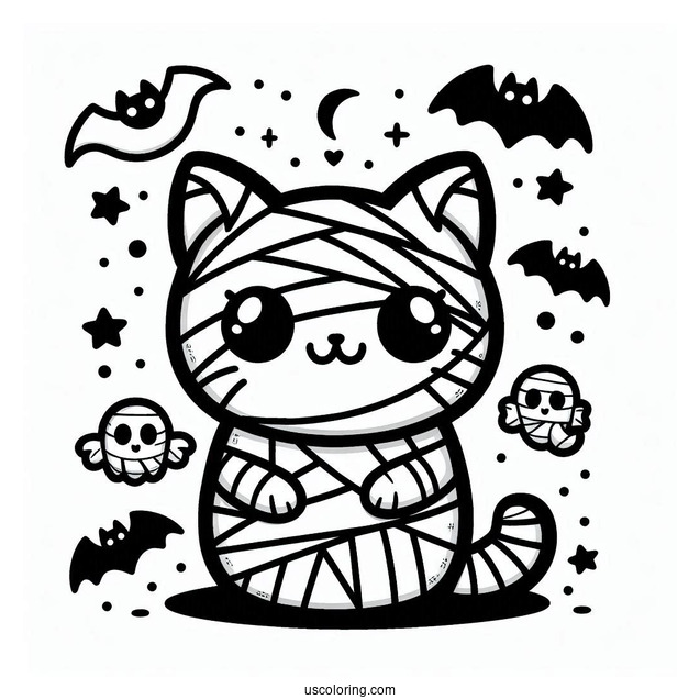 Kawaii Cat Mummy Coloring Page With Bats For Preschoolers
