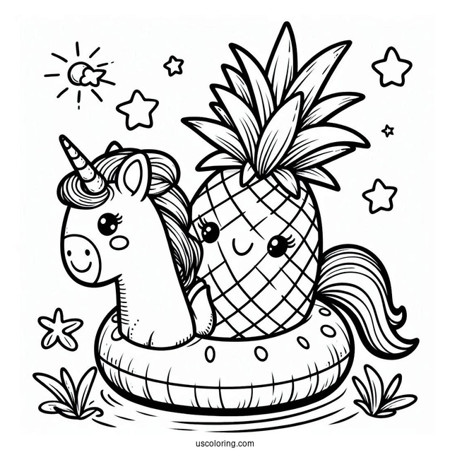 Summer Coloring Page Of Cheerful Pineapple On A Unicorn Floatie