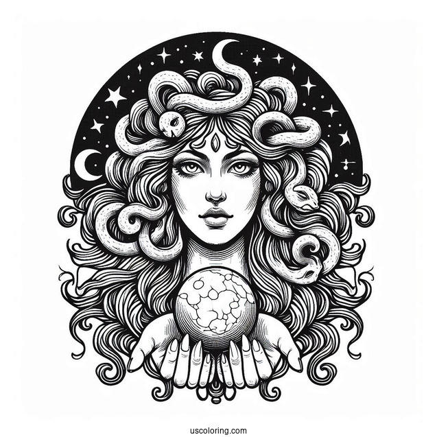 Medusa Coloring Page Holding Stone Head Tarot Card