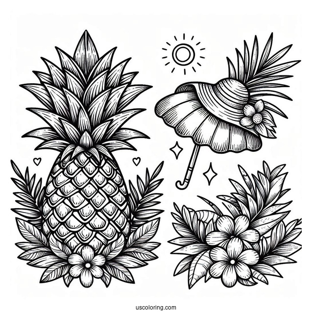 Tropical Pineapple Coloring Page Wearing a Sun Hat For Kids
