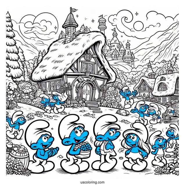 Detailed Smurf Village Coloring In