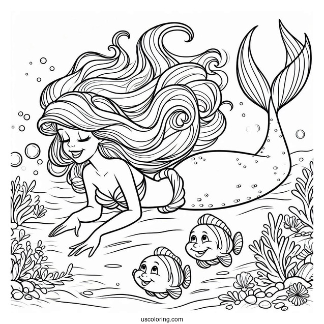 Mermaid Ariel Diving Into Sea With Flounders