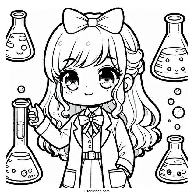 Science Coloring Page Of Kawaii Female Scientists Holding Volumetric Flasks