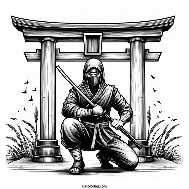 Realistic Ninja In Front Of A Torii Coloring Page