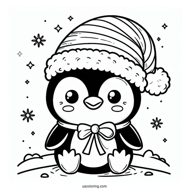 Baby Penguin Wearing Santa Hat Coloring In