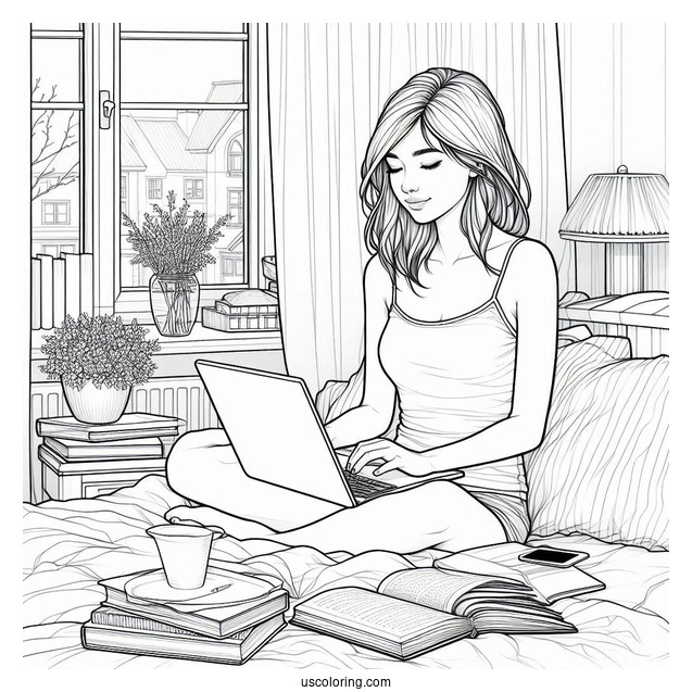 Woman Reading On A Window Bay With Laptops And Books Bedroom Coloring Page