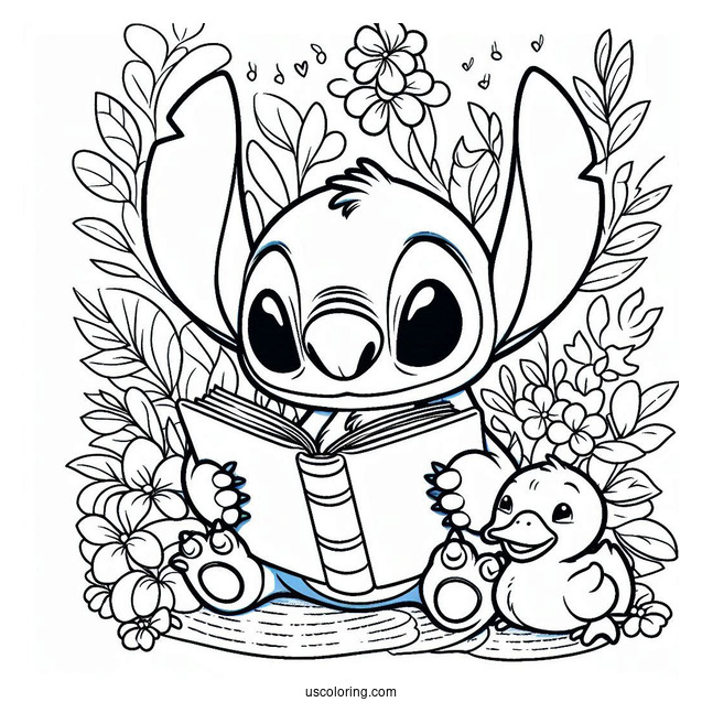 Stitch Reading a Book Do Duckings Coloring Page