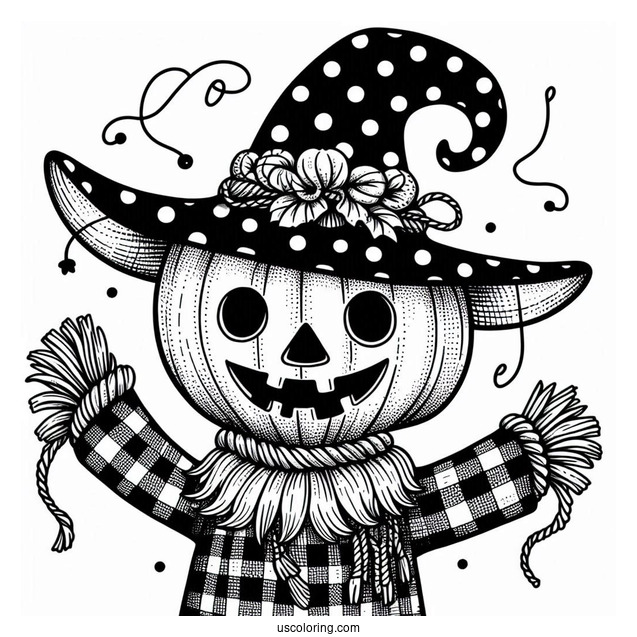 Jack O Lantern Scarecrow Coloring Page Wearing A Polka Dot Witch Hat