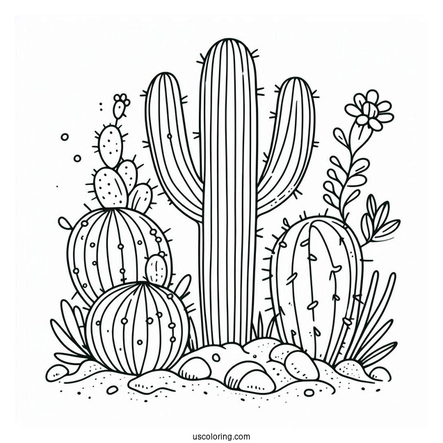 Simple Outline Of Cactus Plants In The Desert For Kids