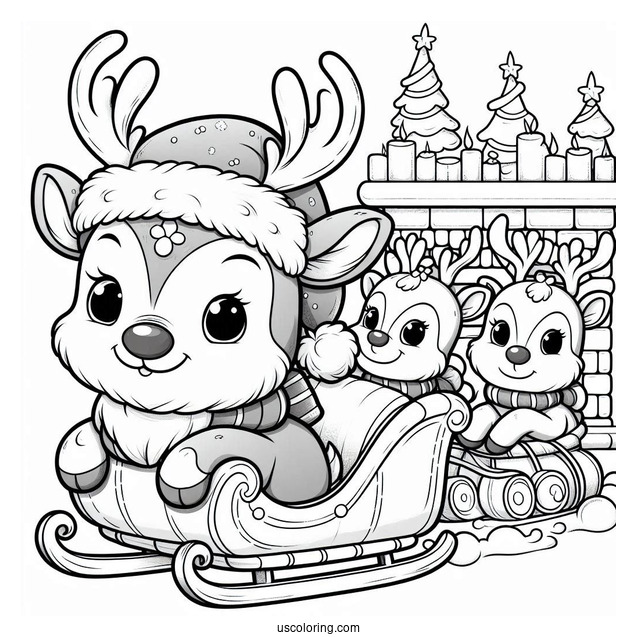 Santa In His Sleigh With Reindeer To Color