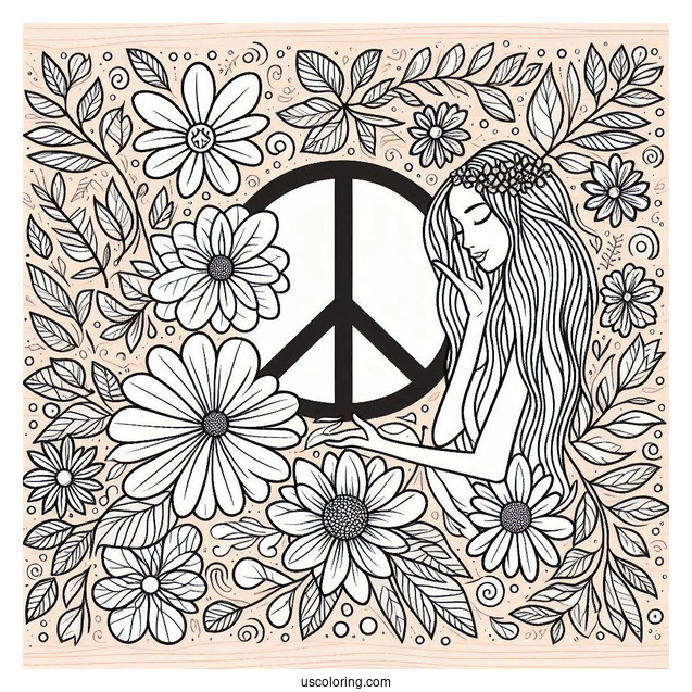 Peace Coloring Page Word And Symbol With Woman And Flowers