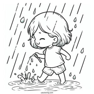 Child Playing In The Rain Coloring Page