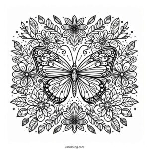 Elegant Butterfly Coloring Page Mandala Surrounded By Flowers