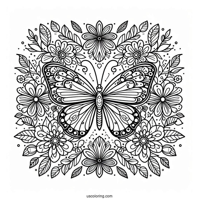 Elegant Butterfly Coloring Page Mandala Surrounded By Flowers