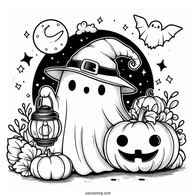 Ghost Pumpkin Coloring Page With Cape And Witch Hat Holding A Lantern