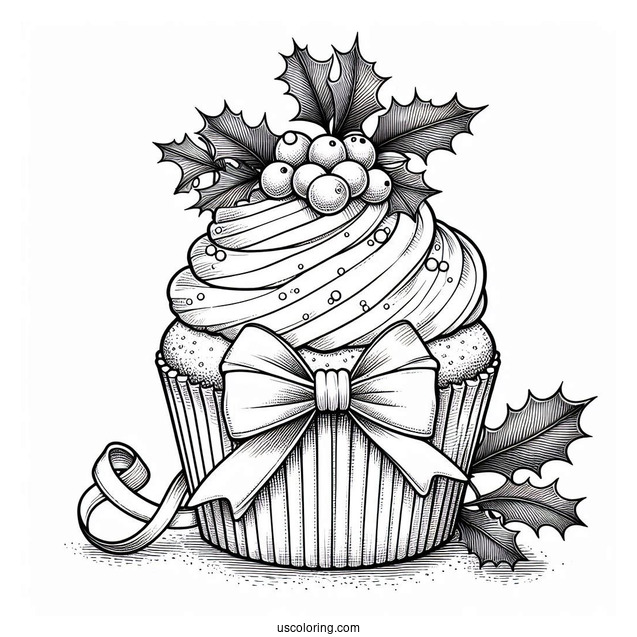 Christmas Cupcake With Ribbon And Mistletoe