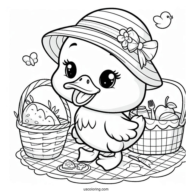 Duckling with Picnic Basket and Food Coloring Sheet For Preschoolers