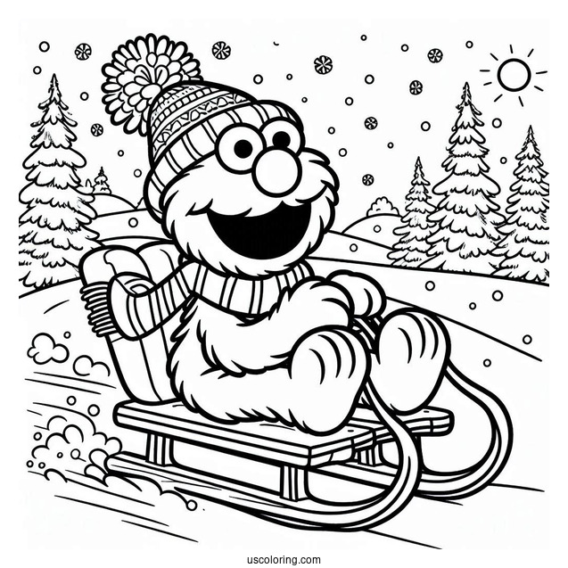 Elmo Riding a Sled During Winter To Color