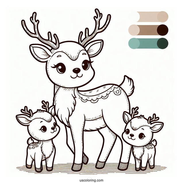 Mom Reindeer With Two Babies To Color