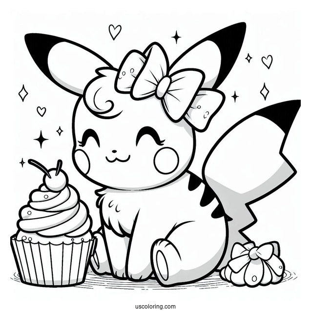 Raichu Coloring Page With Bow And Cupcake For Preschoolers