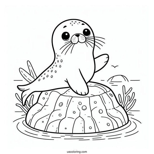 Happy Seal Coloring Page On A Rock For Kids