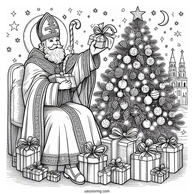 Saint Nicholas Putting Gifts Under Christmas Tree