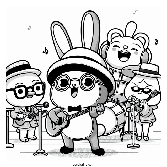 Pororo Coloring Page Playing In A Band With Harry, Crong, Eddy, And Poby