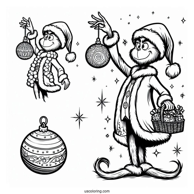 Grinch Holding Bauble Christmas Ornaments Coloring Page For Kids