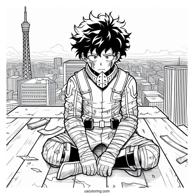 Deku Coloring Page Of Injured In Battle On Rooftop