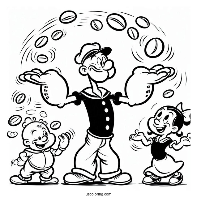 Popeye Coloring Page Juggling Eugene, Olive Oyl, And Swee Pea
