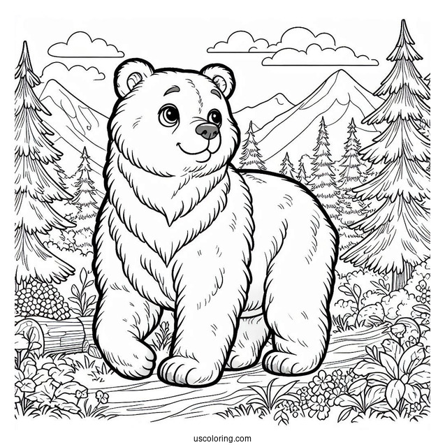 Easy Adult Bear Coloring Page Standing In Forest For Kids