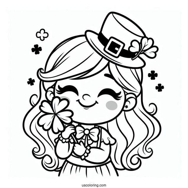 Smiling St. Patrick's Day Coloring Page Holding A Shamrock For Kids