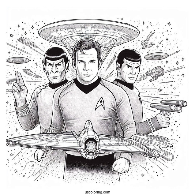 Star Trek Coloring Page Of Admiral Kirk With Spock And Leonard McCoy Below USS Enterprise