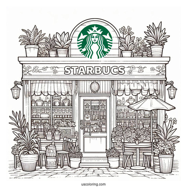 Starbucks Coloring Page Of Cafe With Potted Plants