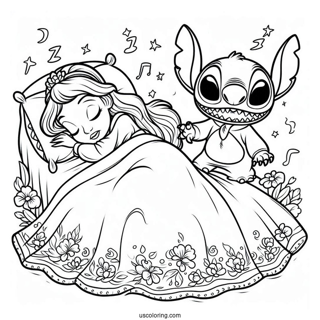 Sleeping Beauty Coloring Page Of Funny Stitch Scaring Princess Aurora