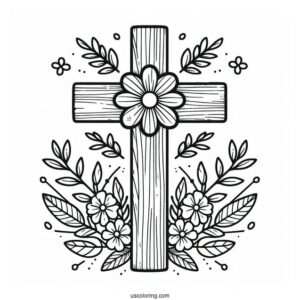 Simple Wooden Cross Coloring Page With Flowers And Leaves Outdoors For Kids