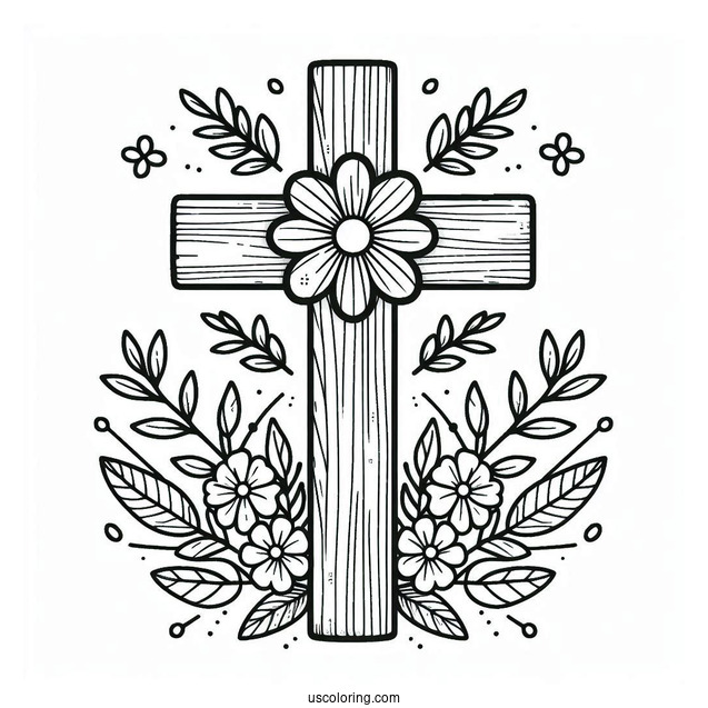 Simple Wooden Cross Coloring Page With Flowers And Leaves Outdoors For Kids