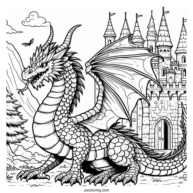 Fierce Looking Dragon Next To Castle