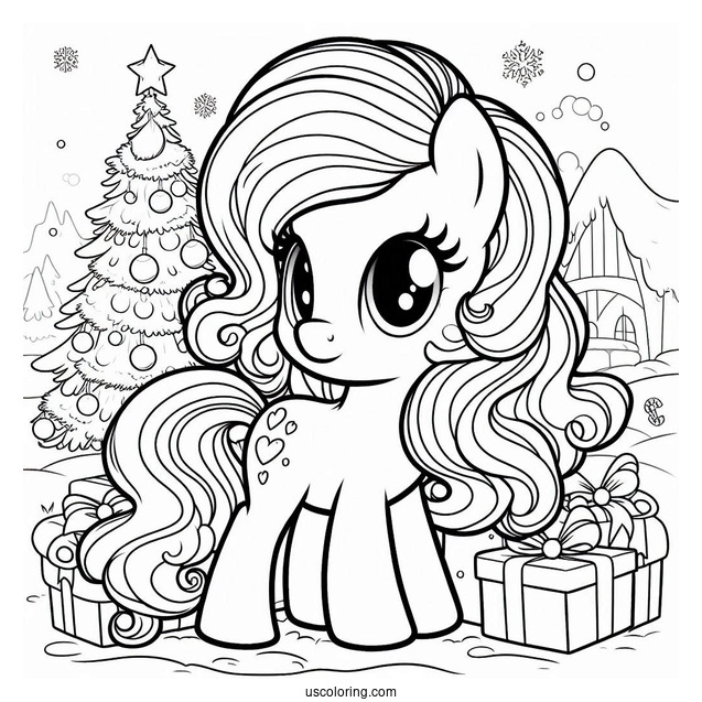 Coloring Page of My Little Pony In Front Of Christmas Tree