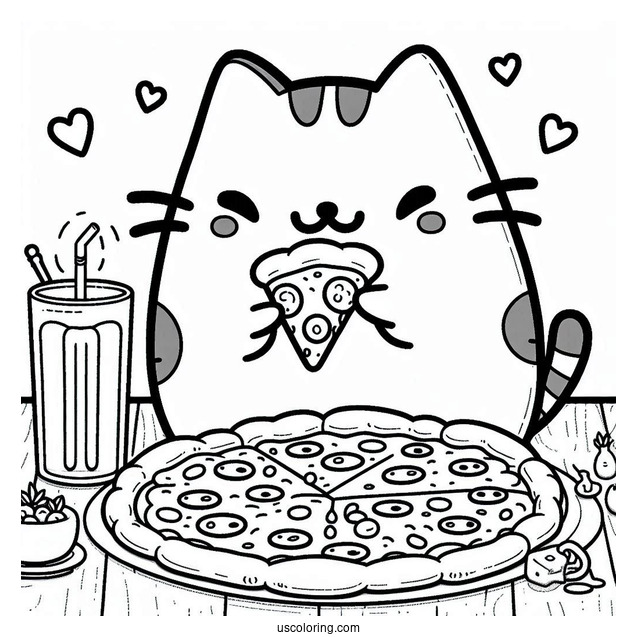 Pusheen Cat Eating Pizza Coloring Page